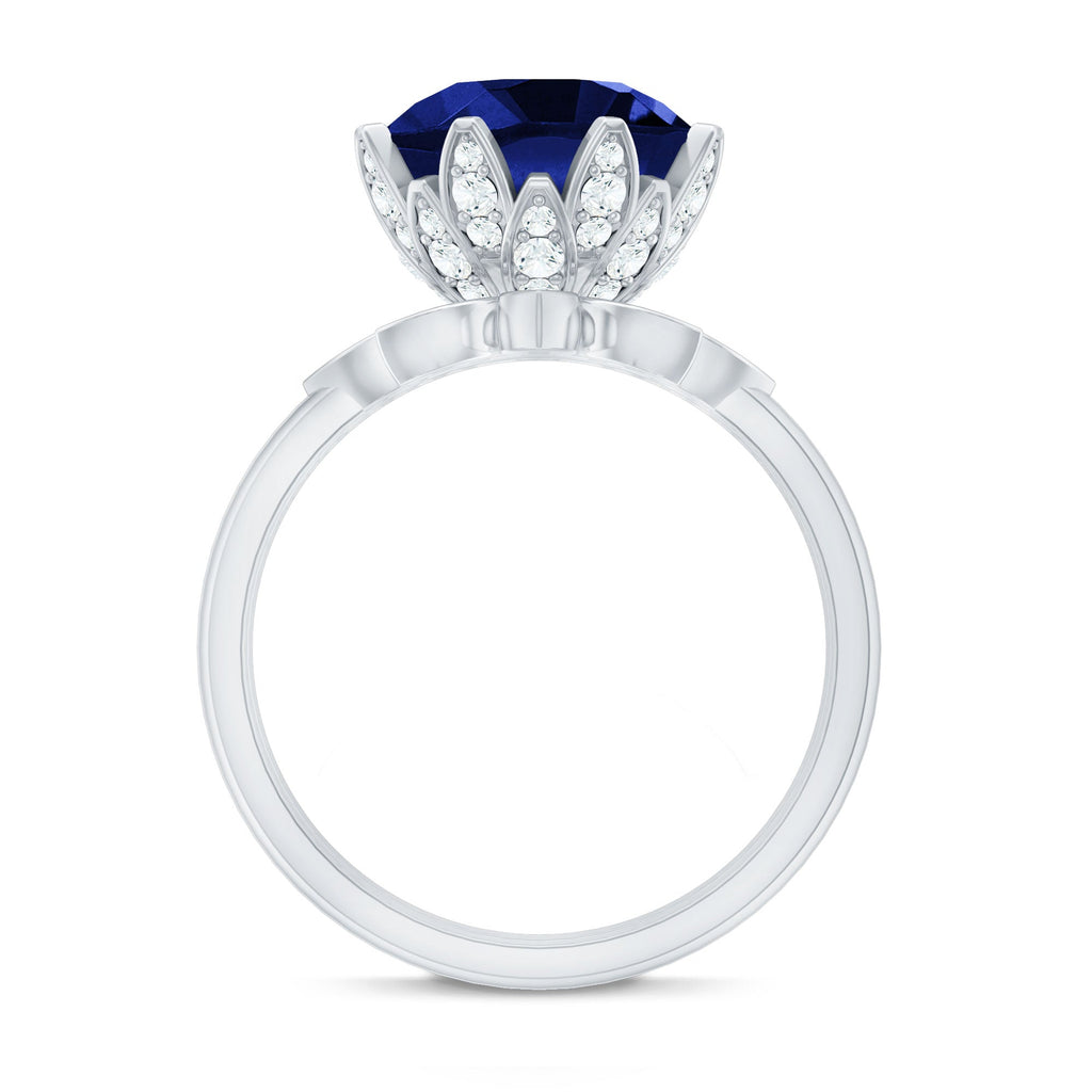 Lab Grown Blue Sapphire Ring Floral Diamond Bridal Ring Set