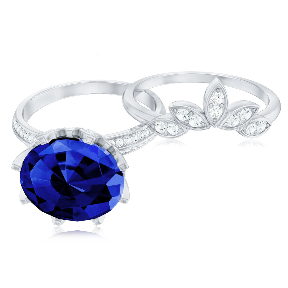 Lab Grown Blue Sapphire Ring Floral Diamond Bridal Ring Set