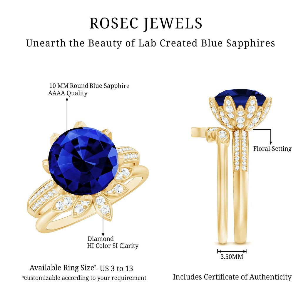 Lab Grown Blue Sapphire Ring Floral Diamond Bridal Ring Set