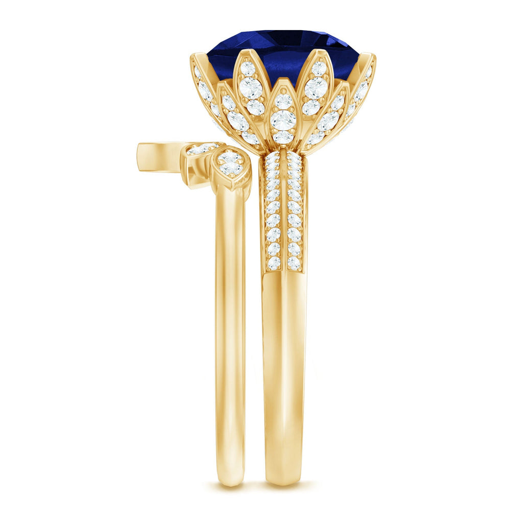 Lab Grown Blue Sapphire Ring Floral Diamond Bridal Ring Set