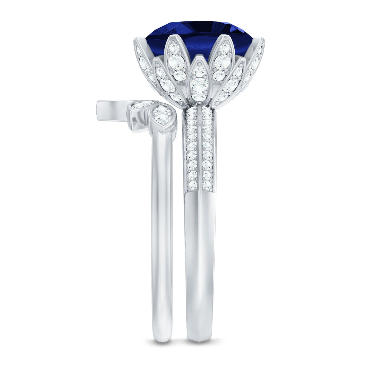 Lab Grown Blue Sapphire Ring Floral Diamond Bridal Ring Set