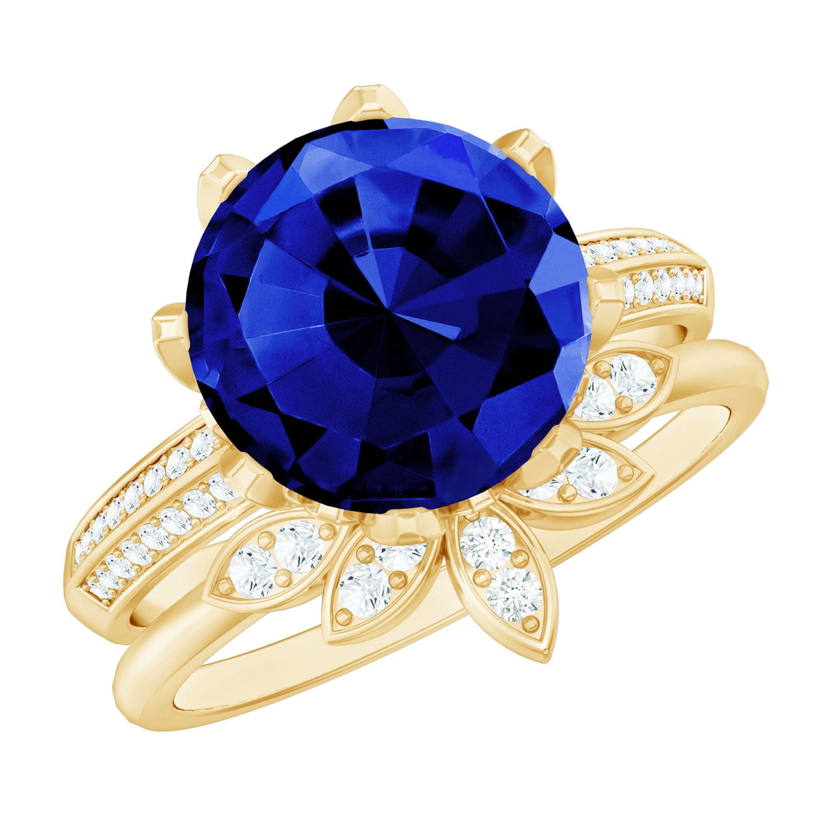 Lab Grown Blue Sapphire Ring Floral Diamond Bridal Ring Set