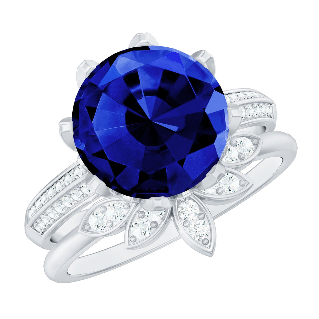 Lab Grown Blue Sapphire Ring Floral Diamond Bridal Ring Set