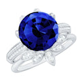 Lab Grown Blue Sapphire Ring Floral Diamond Bridal Ring Set