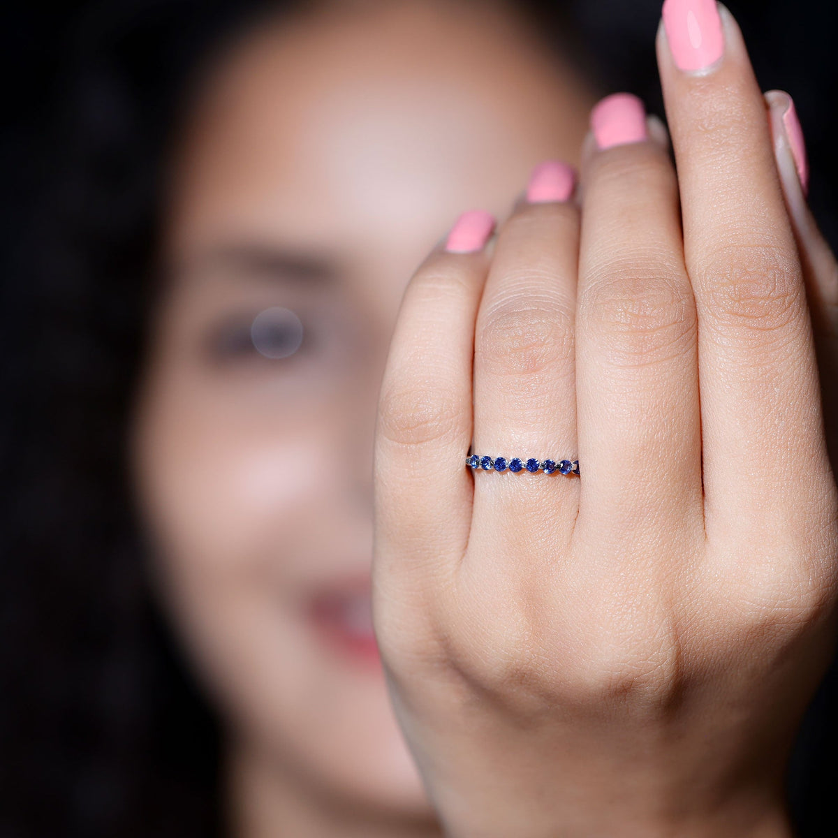 Lab Grown Blue Sapphire Ring, Half Eternity Band For Women