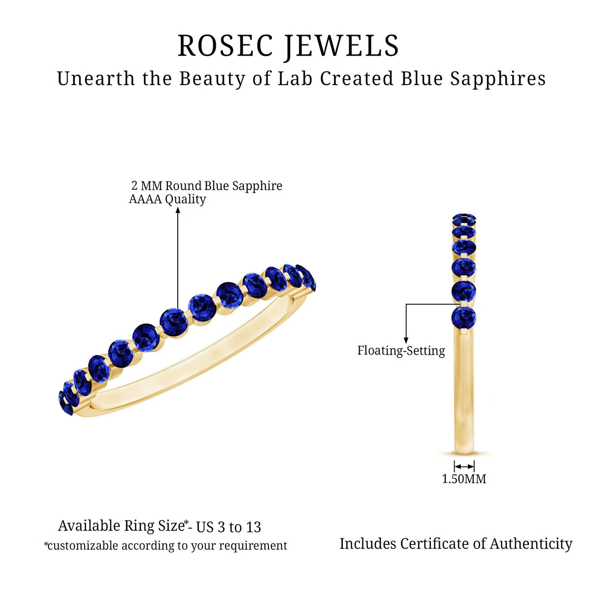 Lab Grown Blue Sapphire Ring, Half Eternity Band For Women