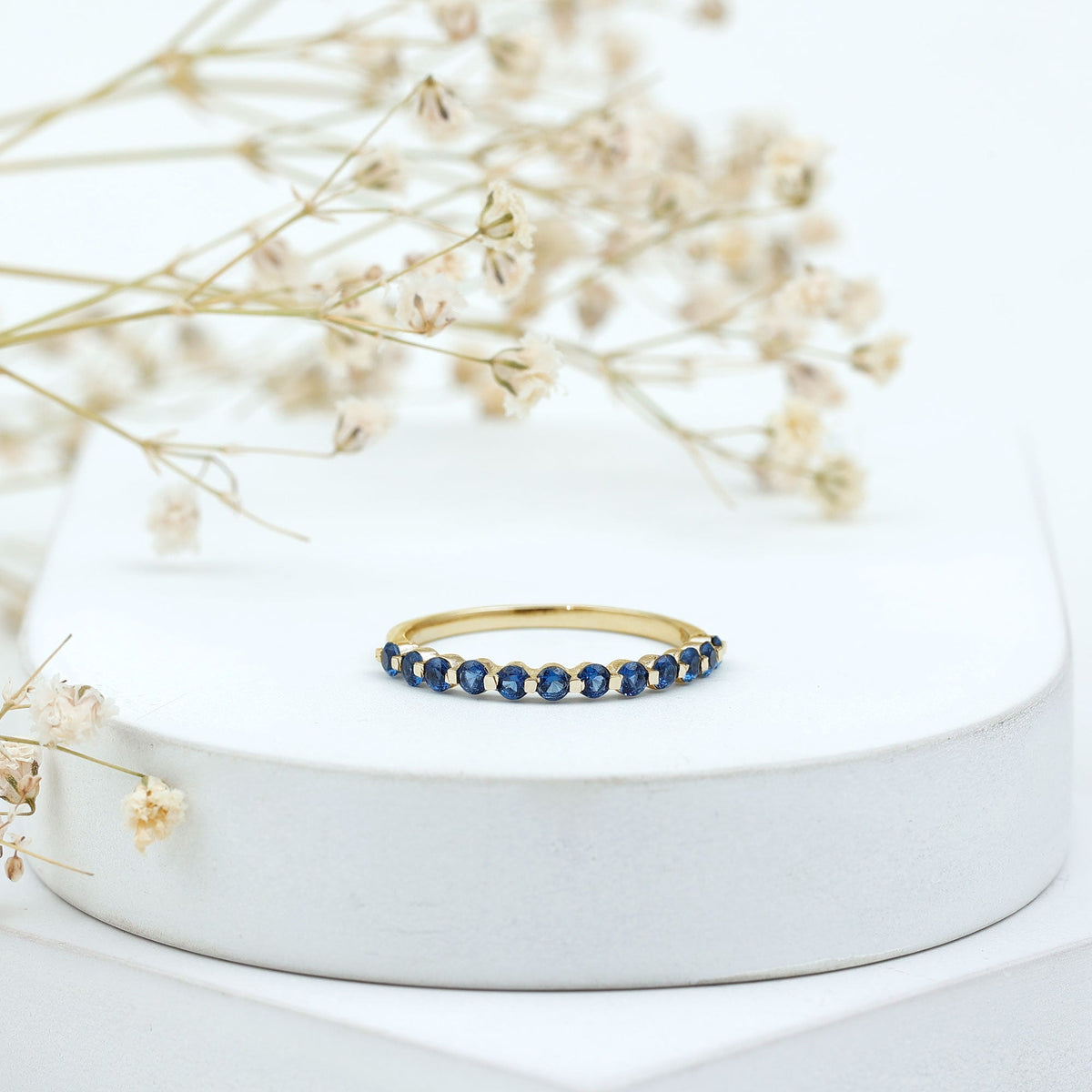 Lab Grown Blue Sapphire Ring, Half Eternity Band For Women