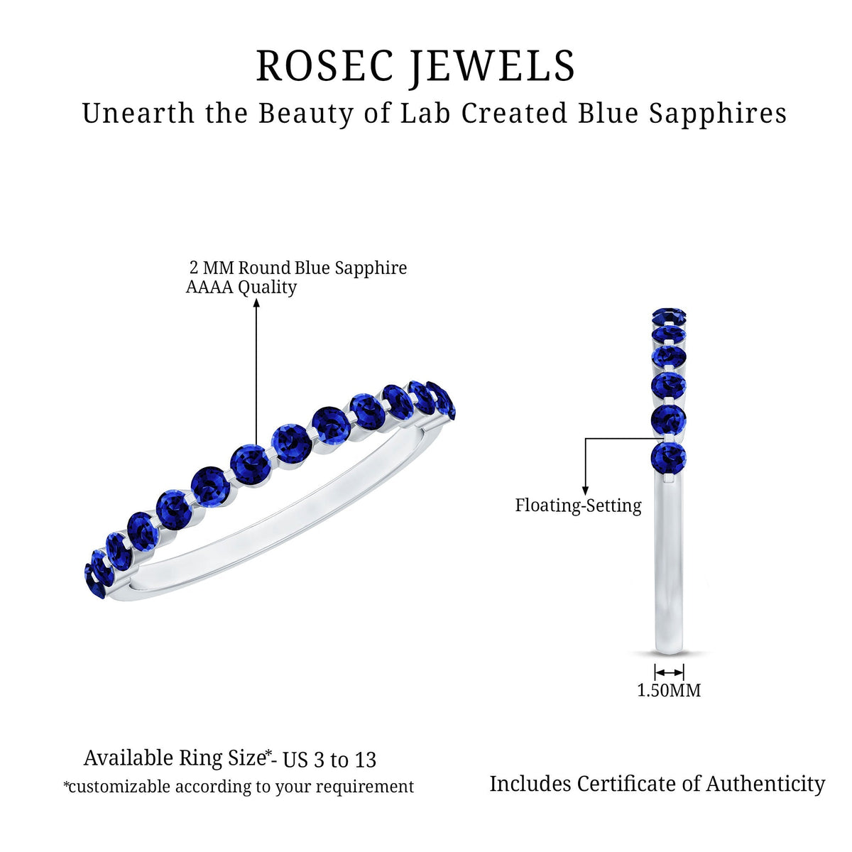 Lab Grown Blue Sapphire Ring, Half Eternity Band For Women
