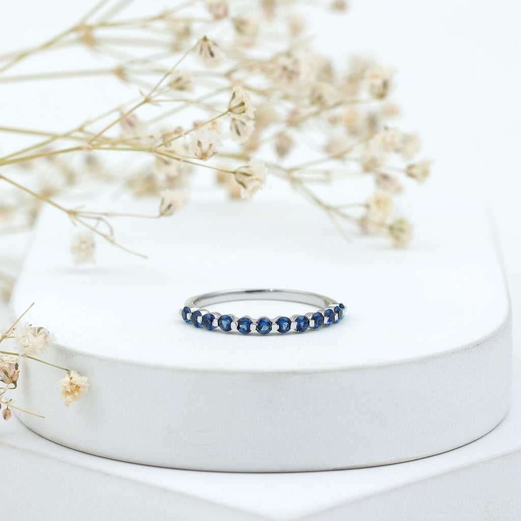 Lab Grown Blue Sapphire Ring, Half Eternity Band For Women