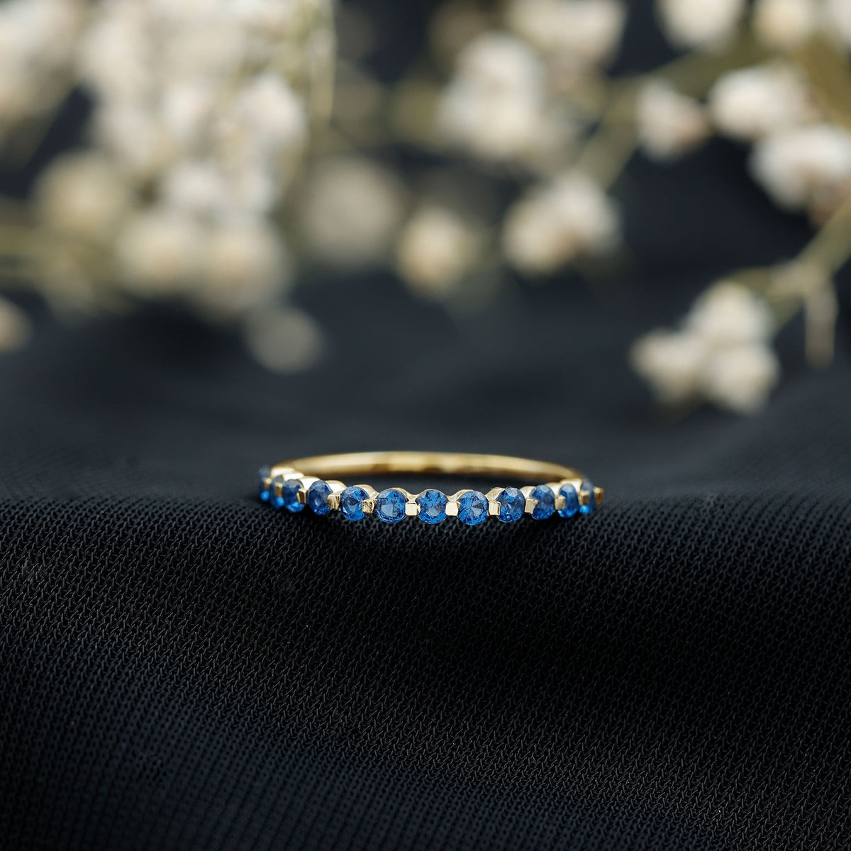 Lab Grown Blue Sapphire Ring, Half Eternity Band For Women