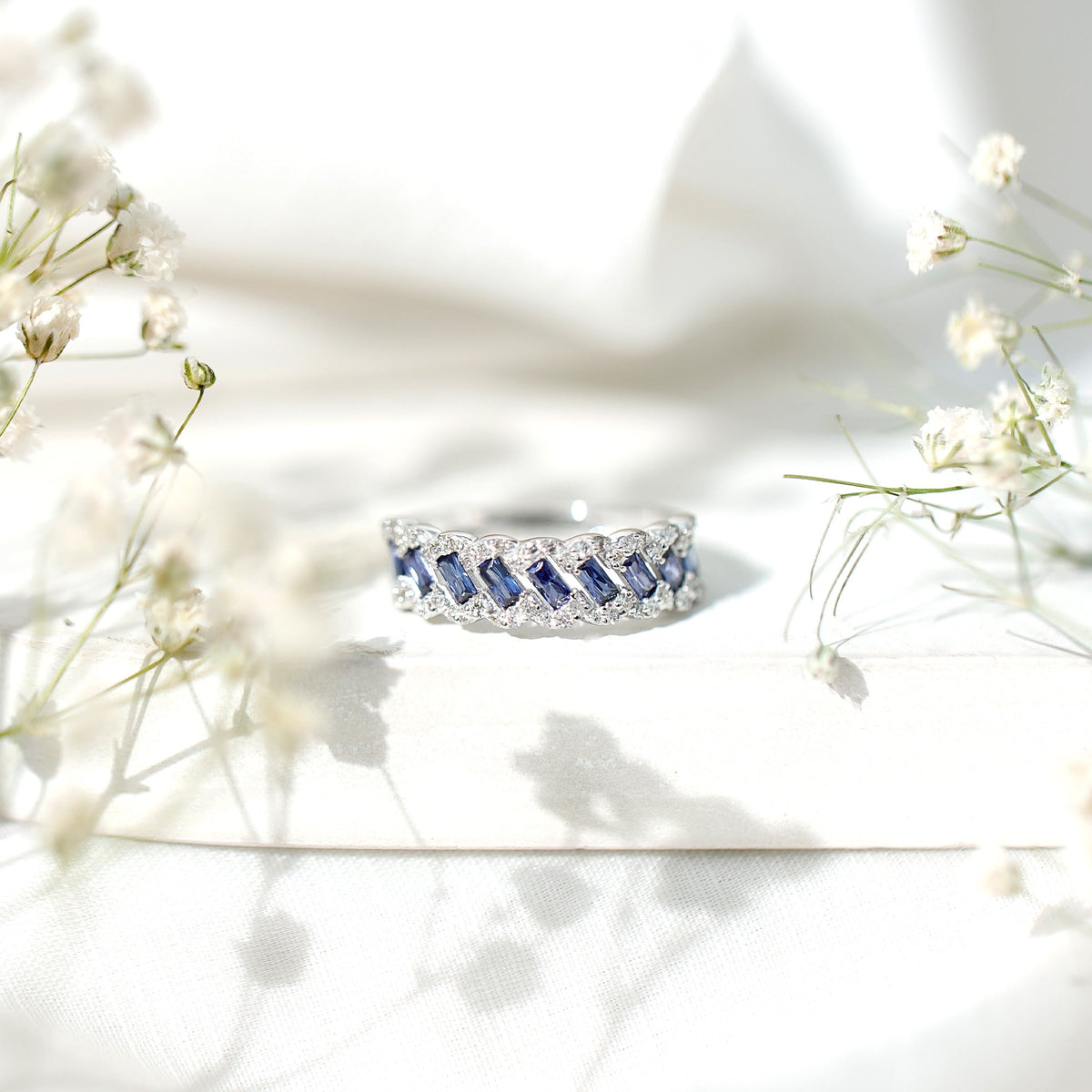 Lab Grown Blue Sapphire Ring Half Eternity Band With Diamond