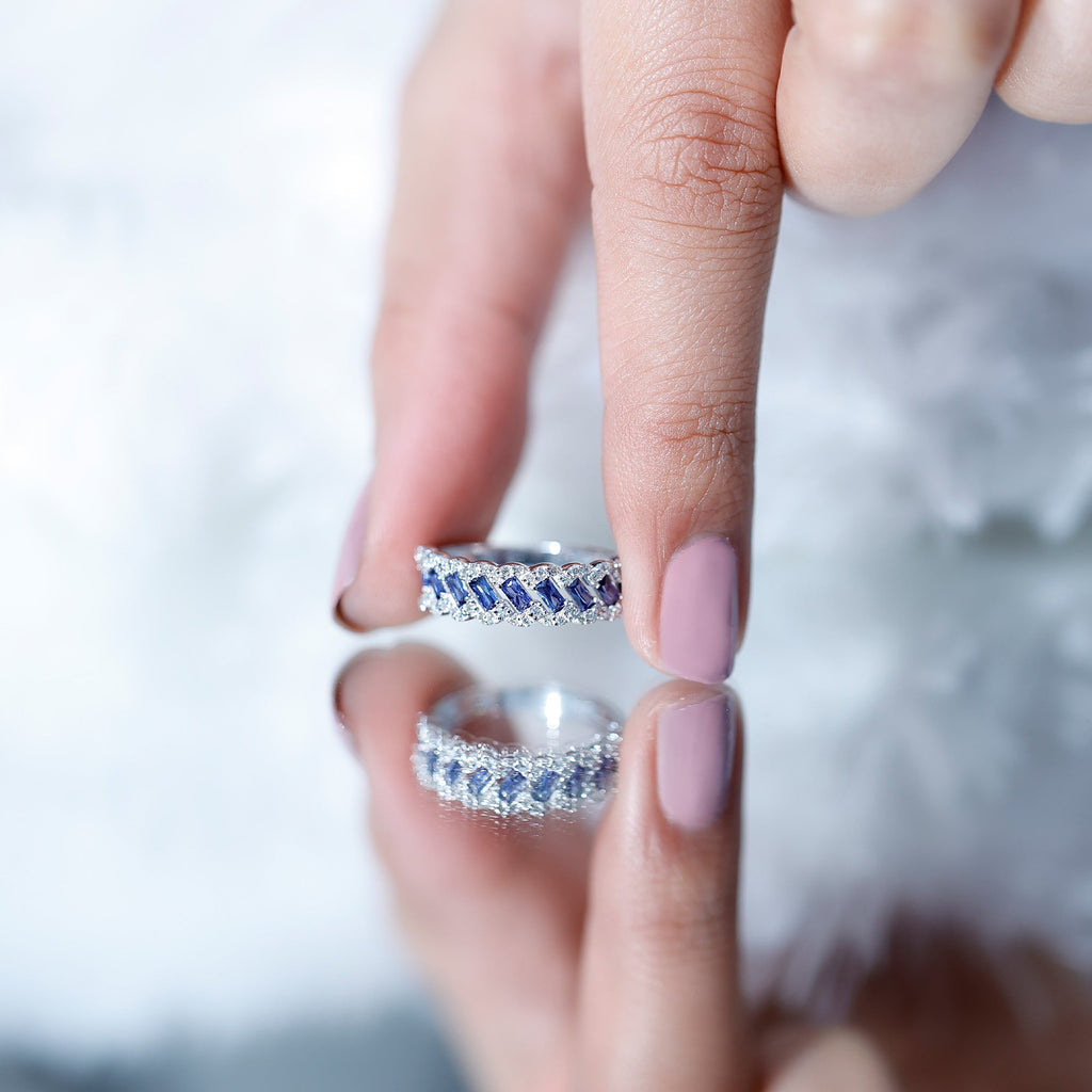 Lab Grown Blue Sapphire Ring Half Eternity Band With Diamond