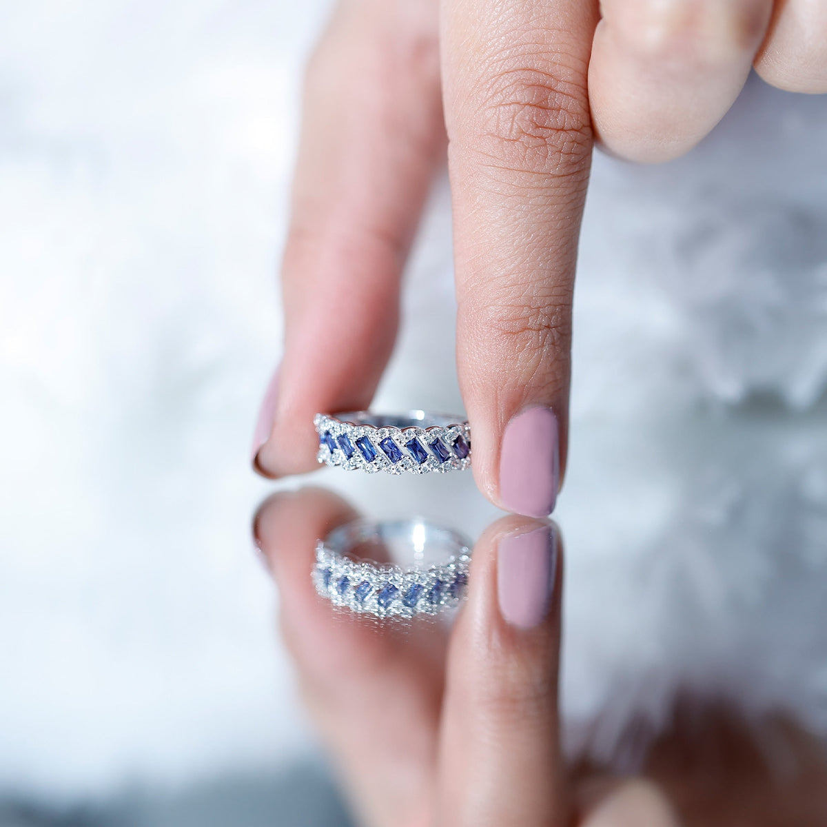 Lab Grown Blue Sapphire Ring Half Eternity Band With Diamond