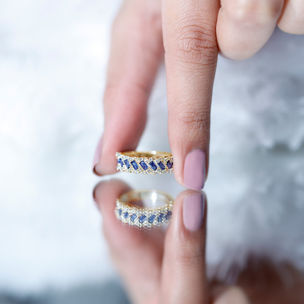 Lab Grown Blue Sapphire Ring Half Eternity Band With Diamond