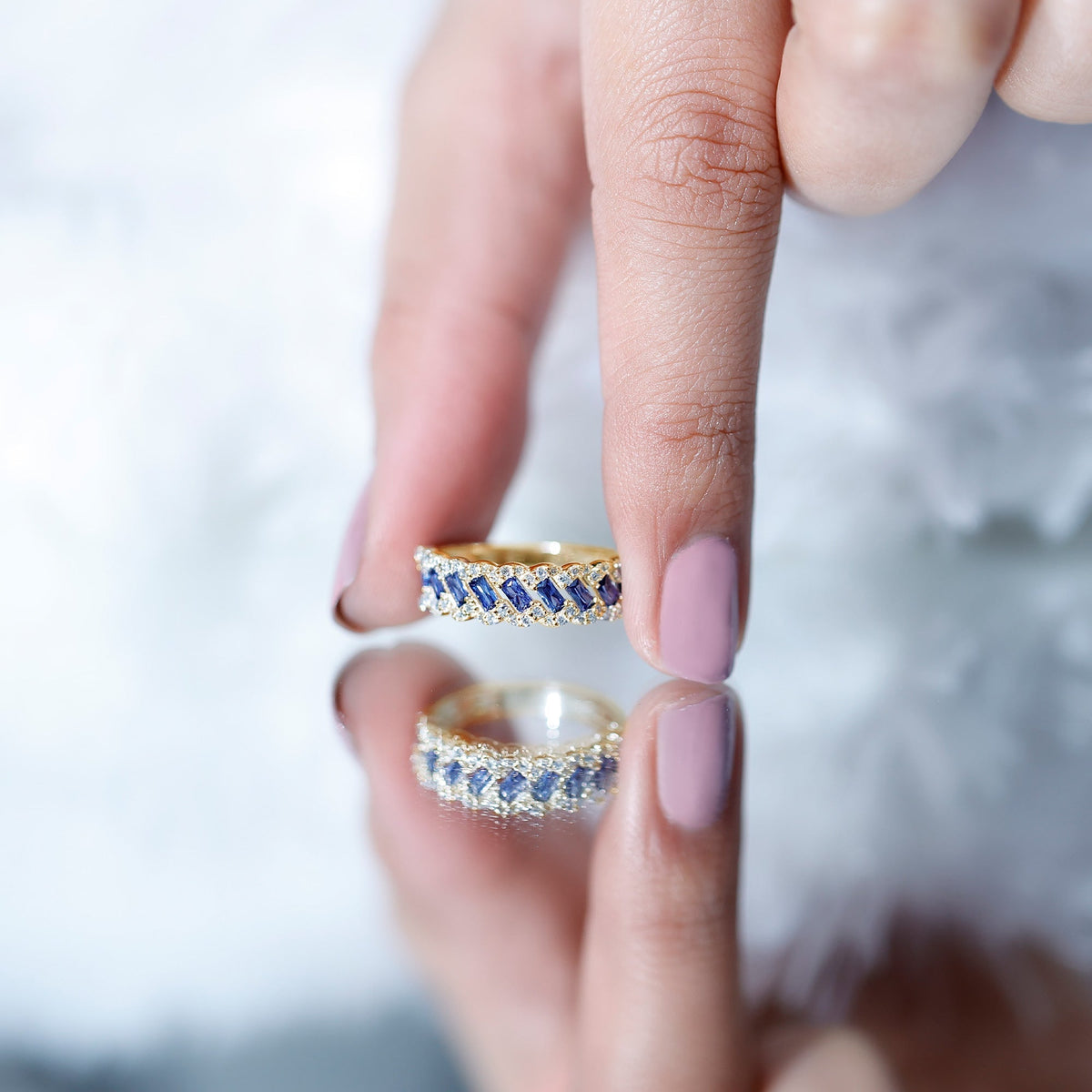 Lab Grown Blue Sapphire Ring Half Eternity Band With Diamond