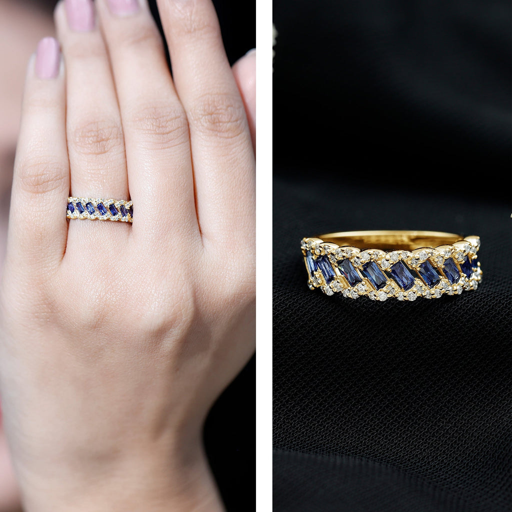 Lab Grown Blue Sapphire Ring Half Eternity Band With Diamond