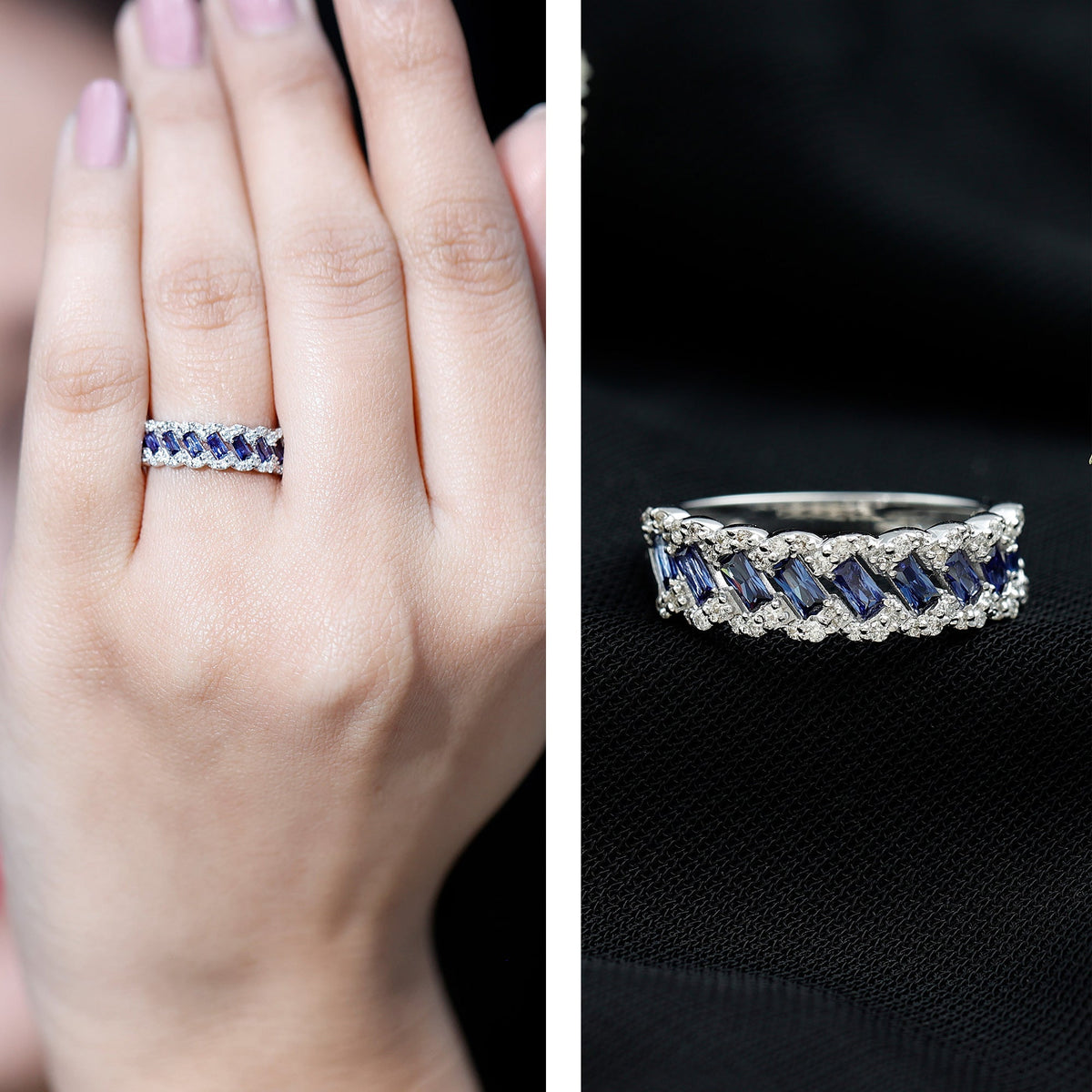 Lab Grown Blue Sapphire Ring Half Eternity Band With Diamond