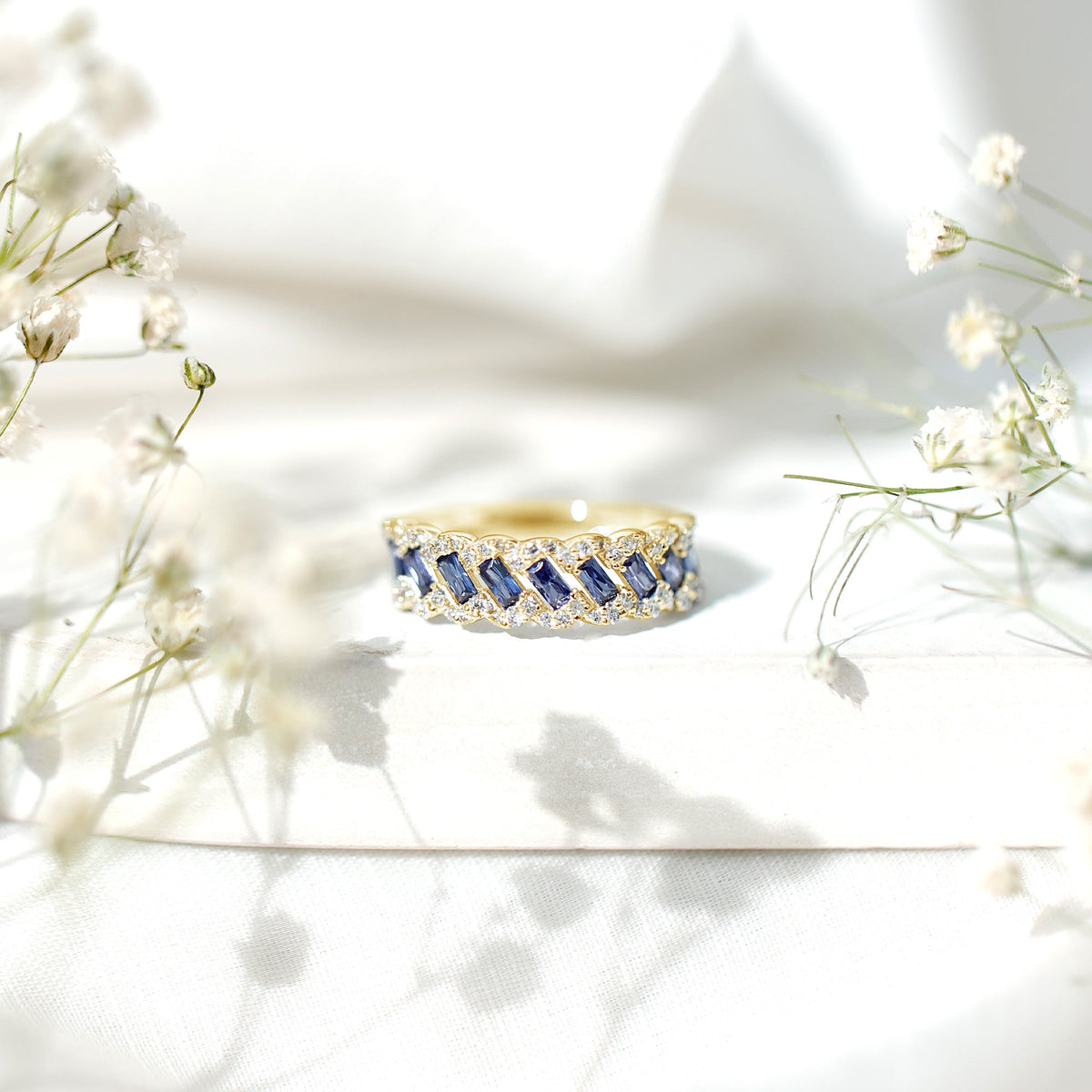 Lab Grown Blue Sapphire Ring Half Eternity Band With Diamond