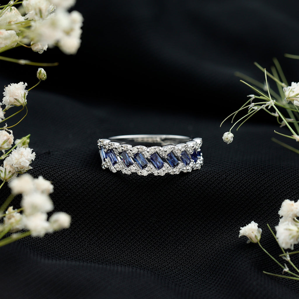 Lab Grown Blue Sapphire Ring Half Eternity Band With Diamond