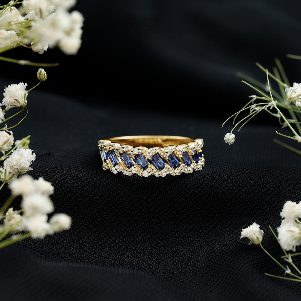 Lab Grown Blue Sapphire Ring Half Eternity Band With Diamond