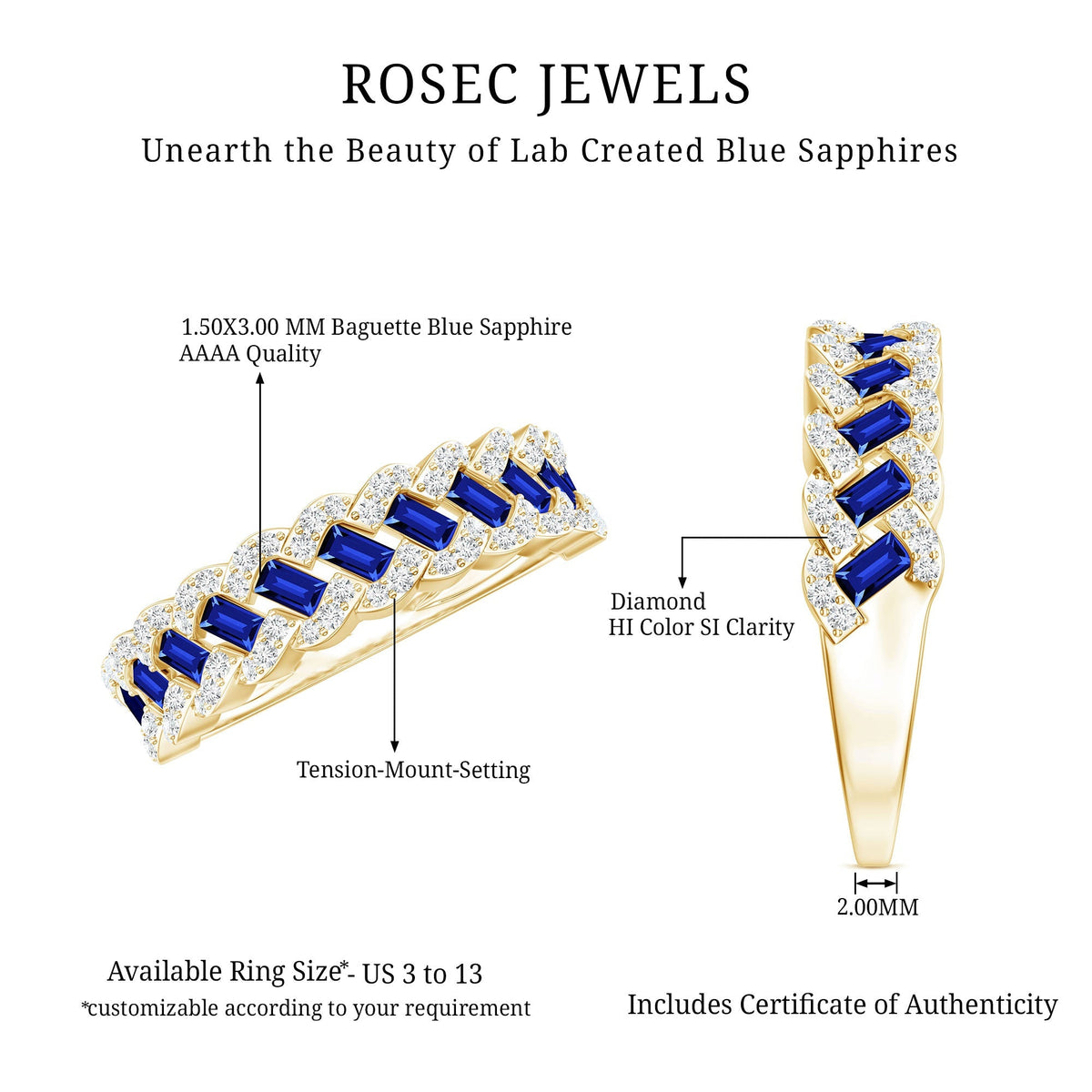 Lab Grown Blue Sapphire Ring Half Eternity Band With Diamond