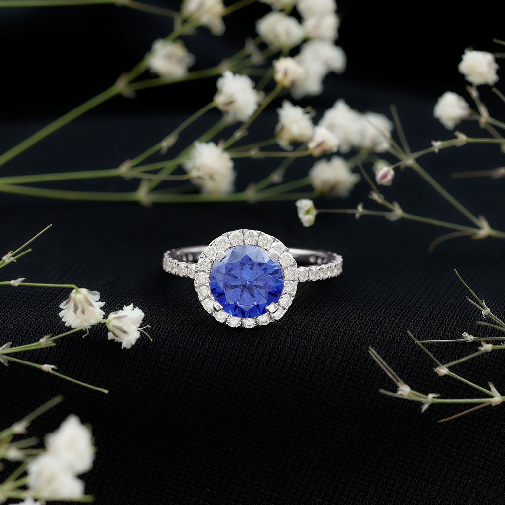 Lab Grown Blue Sapphire Ring Halo Engagement Ring Moissanite