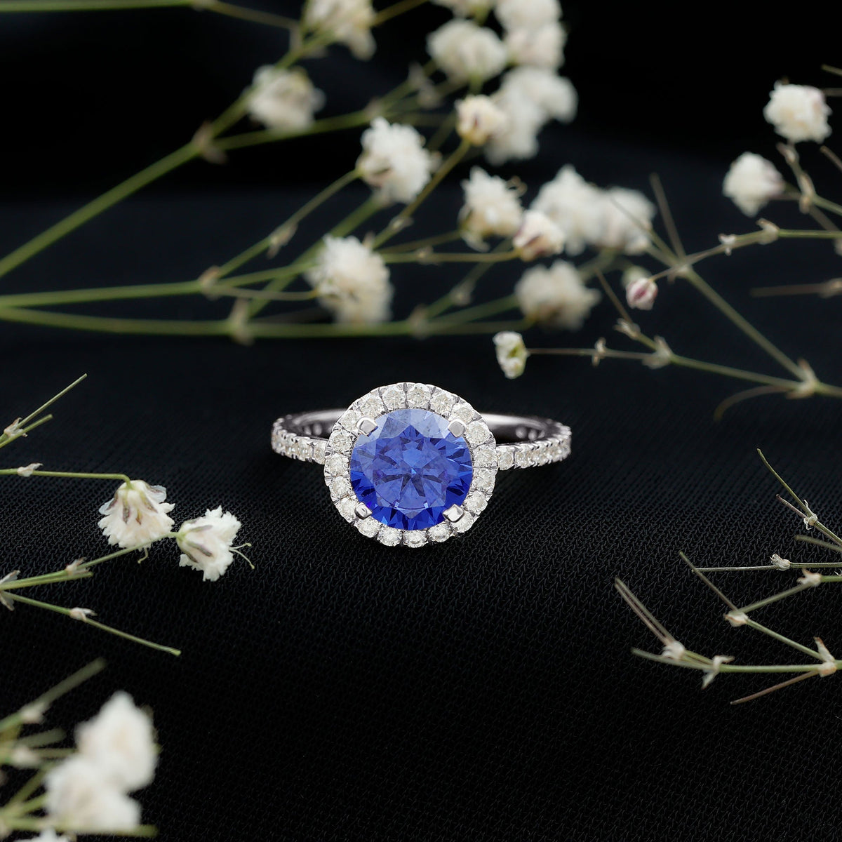 Lab Grown Blue Sapphire Ring Halo Engagement Ring Moissanite