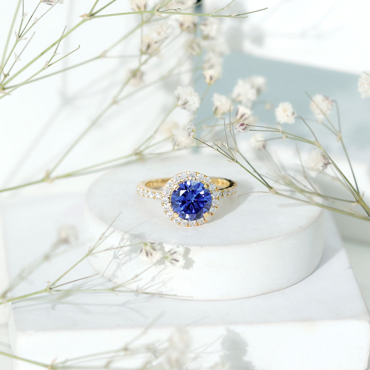 Lab Grown Blue Sapphire Ring Halo Engagement Ring Moissanite