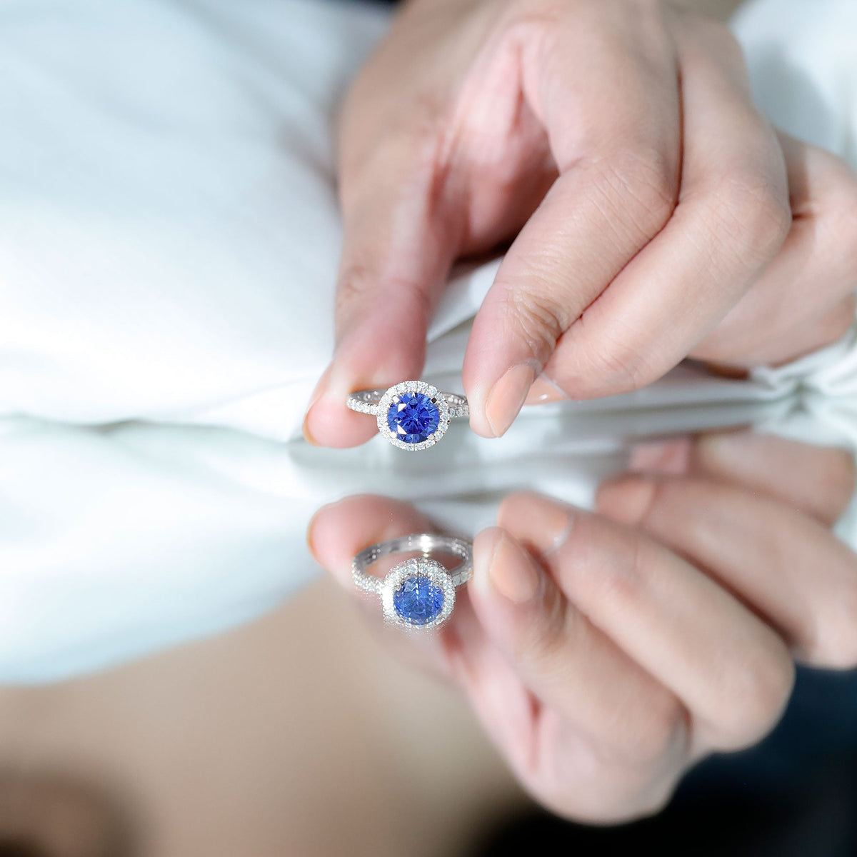 Lab Grown Blue Sapphire Ring Halo Engagement Ring Moissanite