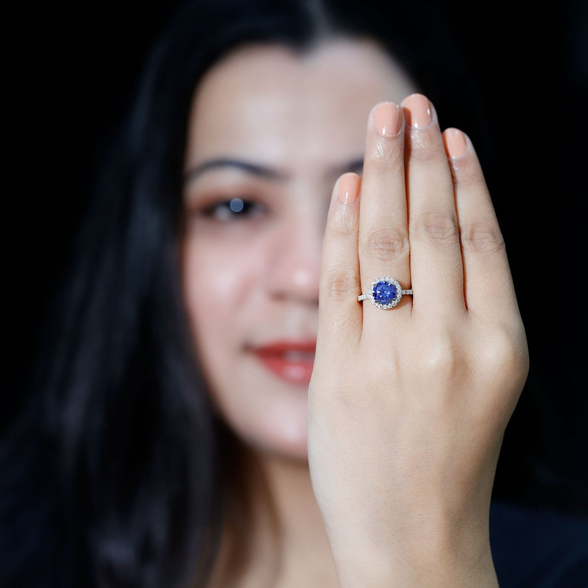 Lab Grown Blue Sapphire Ring Halo Engagement Ring Moissanite