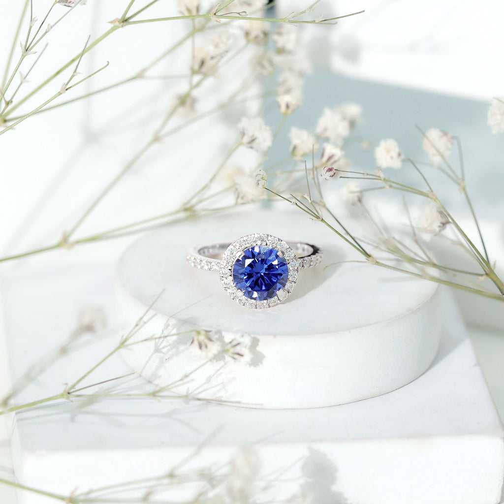 Lab Grown Blue Sapphire Ring Halo Engagement Ring Moissanite