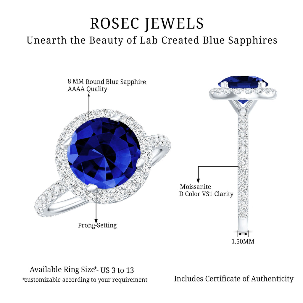 Lab Grown Blue Sapphire Ring Halo Engagement Ring Moissanite