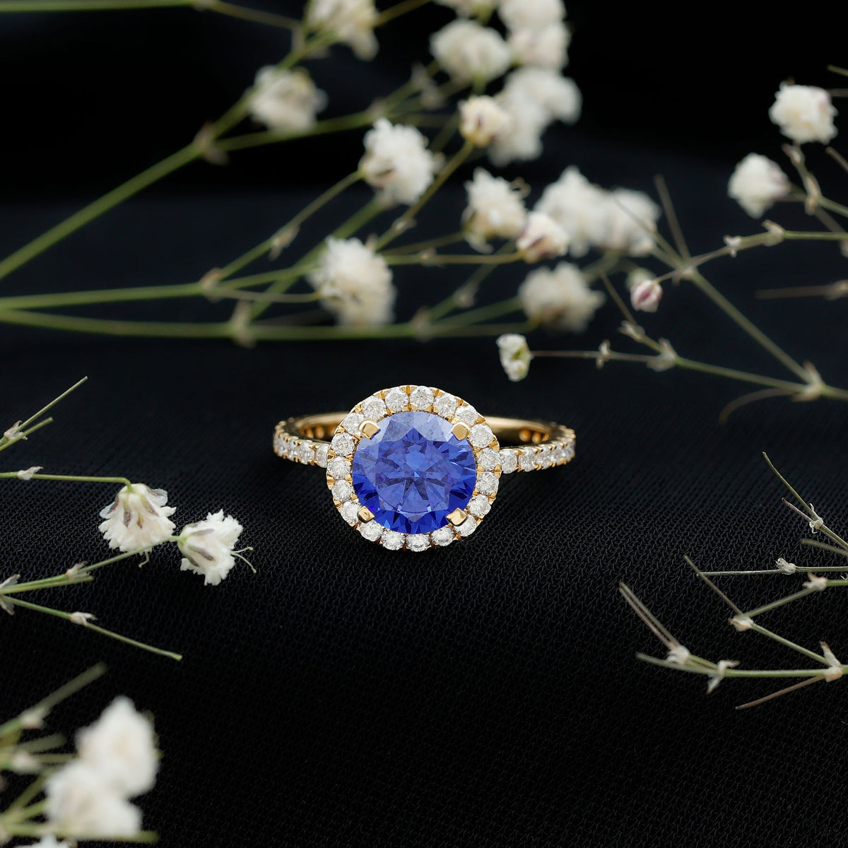 Lab Grown Blue Sapphire Ring Halo Engagement Ring Moissanite