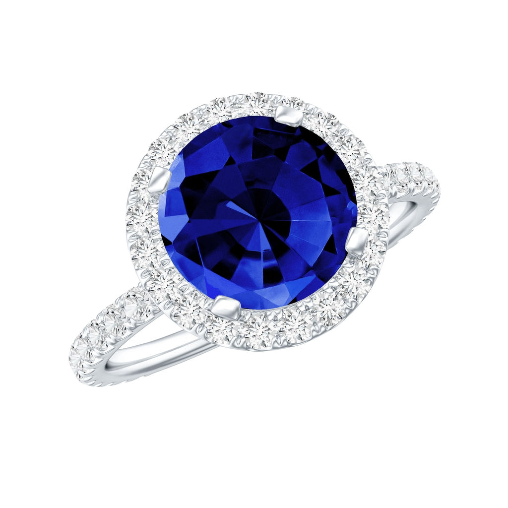 Lab Grown Blue Sapphire Ring Halo Engagement Ring Moissanite