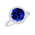 Lab Grown Blue Sapphire Ring Halo Engagement Ring Moissanite