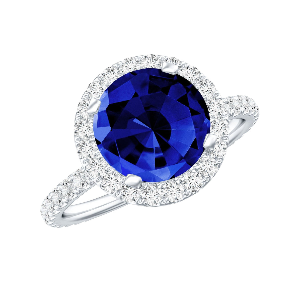 Lab Grown Blue Sapphire Ring Halo Engagement Ring Moissanite
