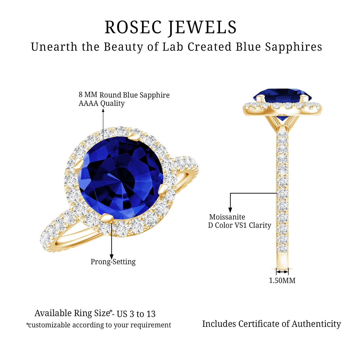 Lab Grown Blue Sapphire Ring Halo Engagement Ring Moissanite