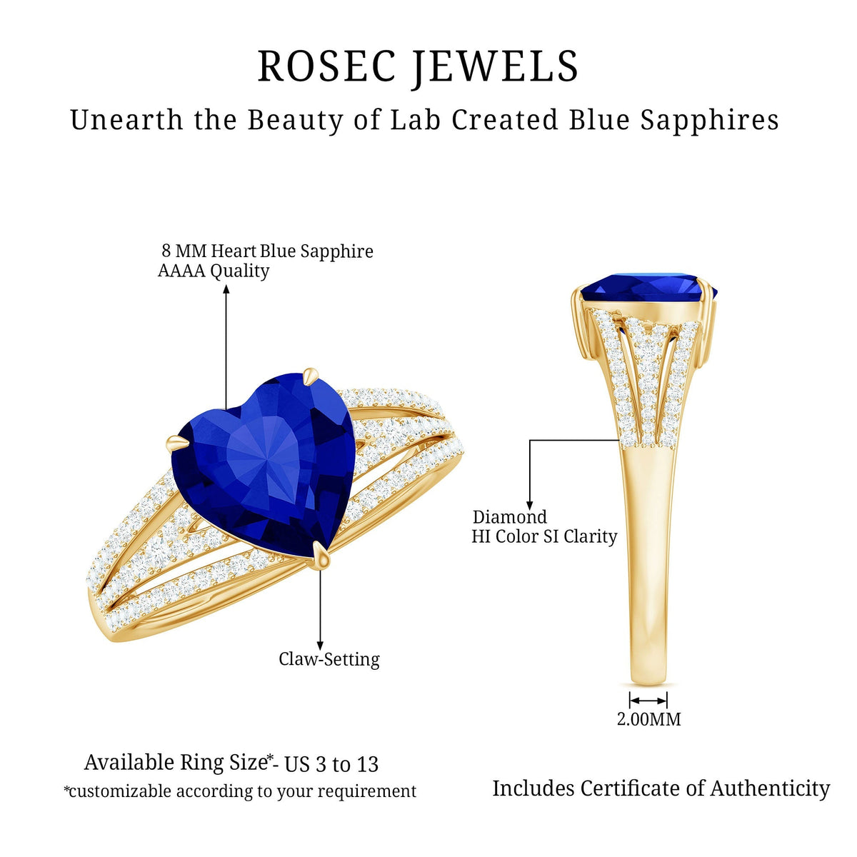 Lab Grown Blue Sapphire Ring, Heart Shape Diamond Split Shank