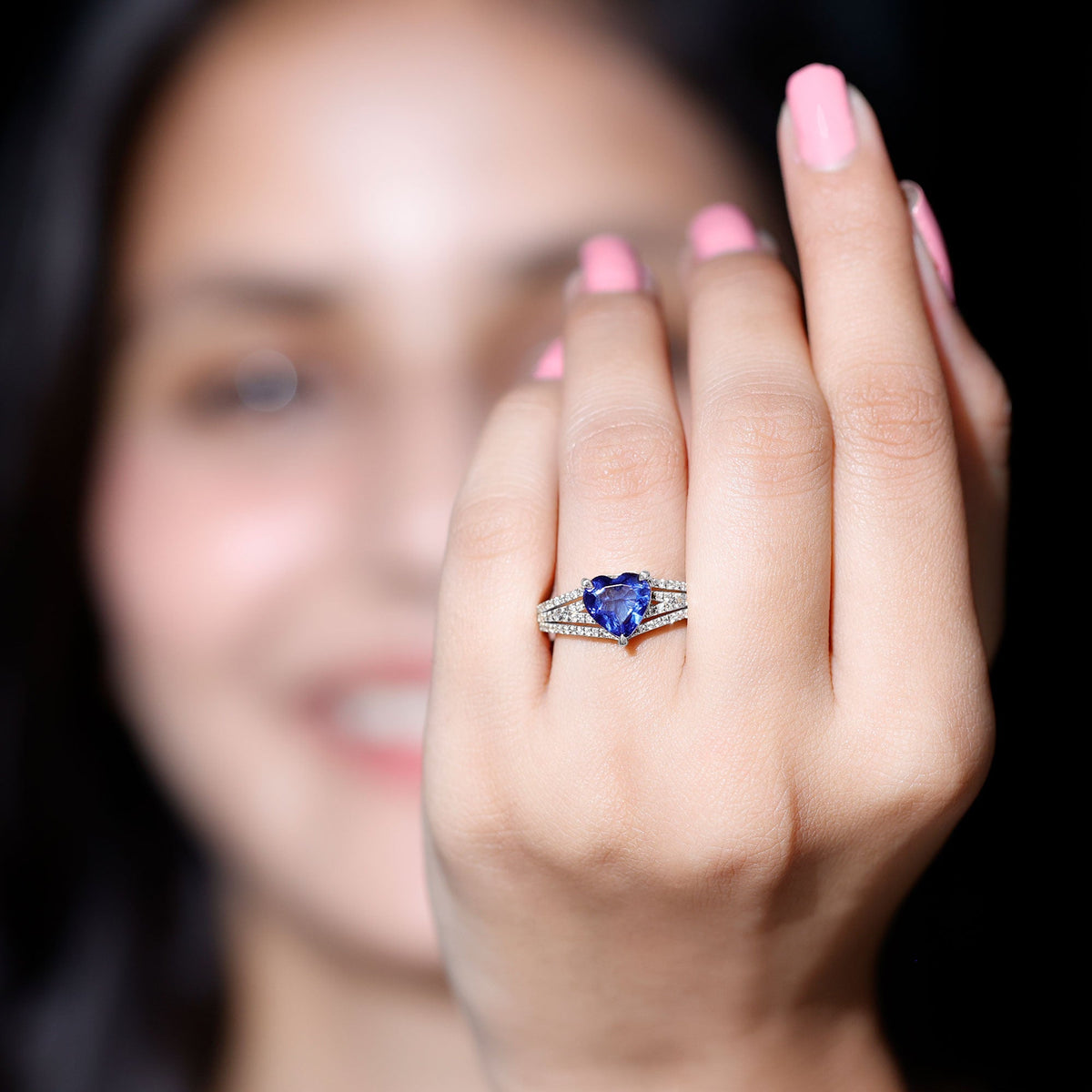Lab Grown Blue Sapphire Ring, Heart Shape Diamond Split Shank