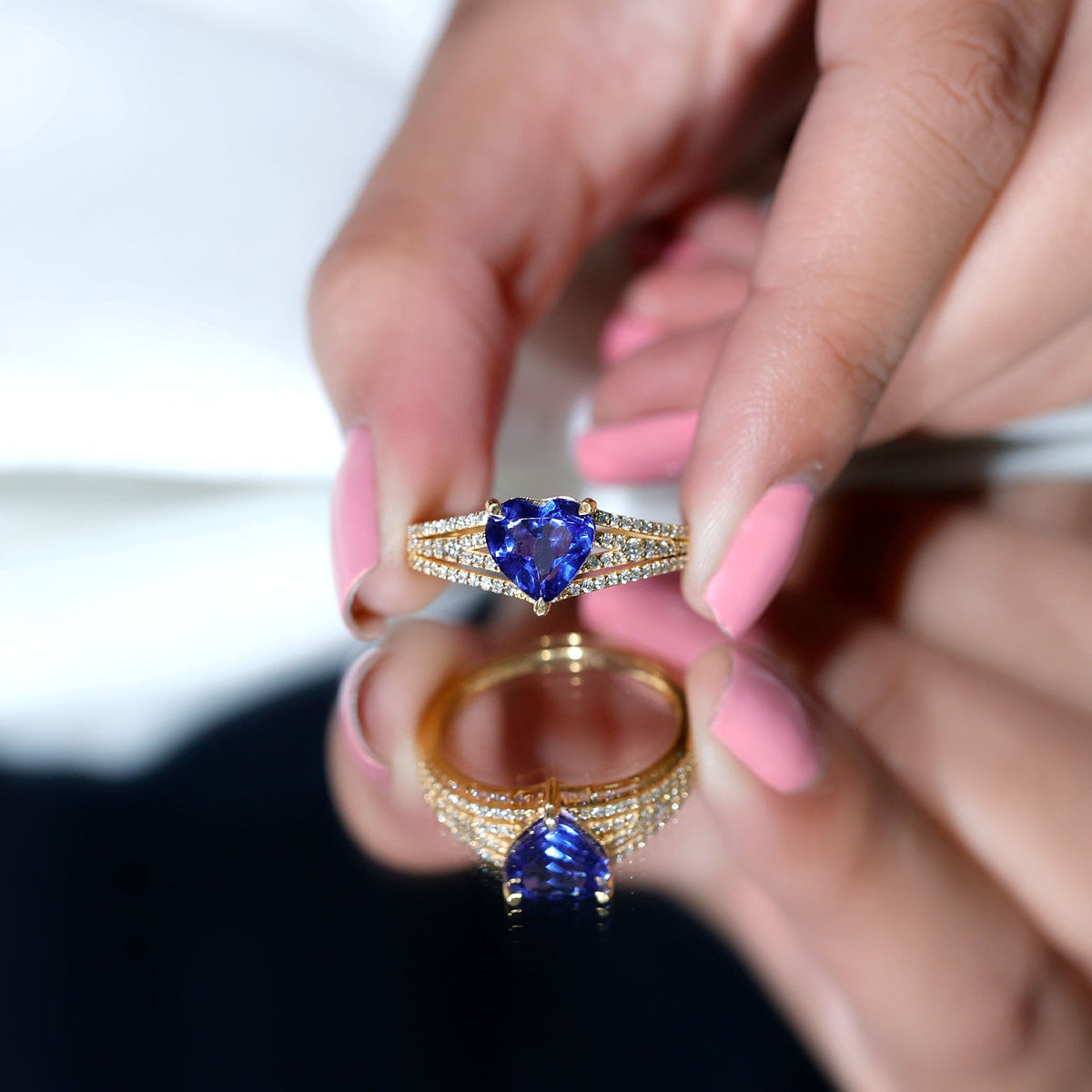 Lab Grown Blue Sapphire Ring, Heart Shape Diamond Split Shank