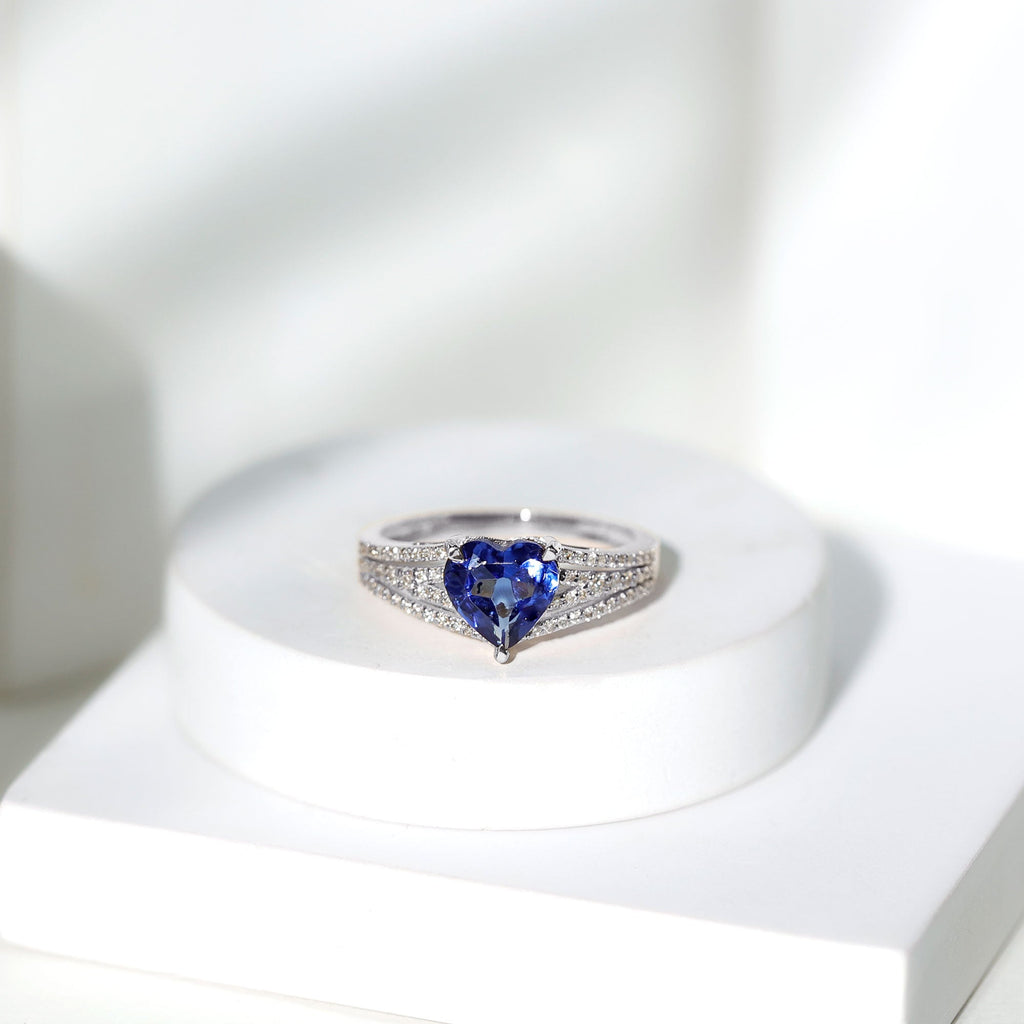 Lab Grown Blue Sapphire Ring, Heart Shape Diamond Split Shank