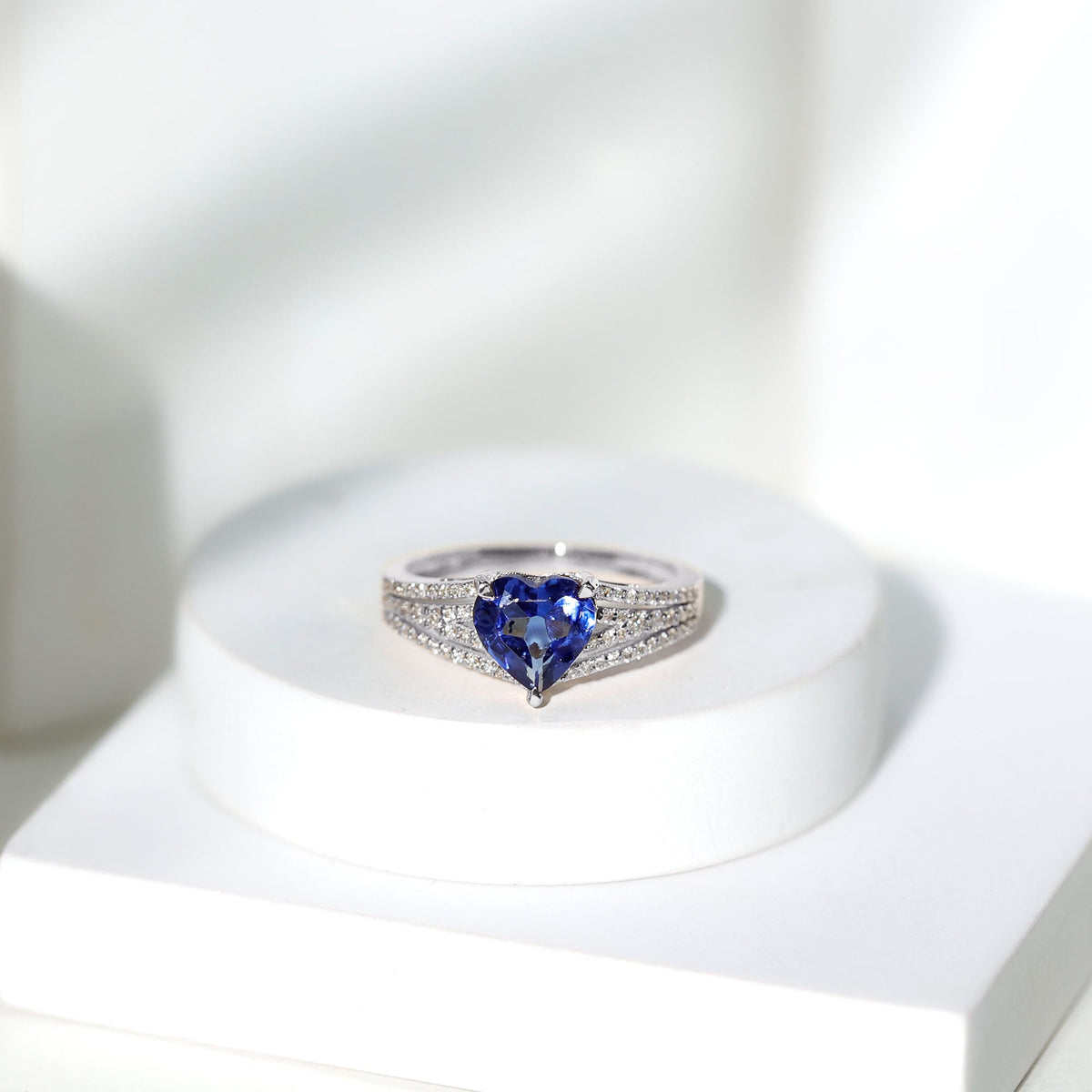 Lab Grown Blue Sapphire Ring, Heart Shape Diamond Split Shank