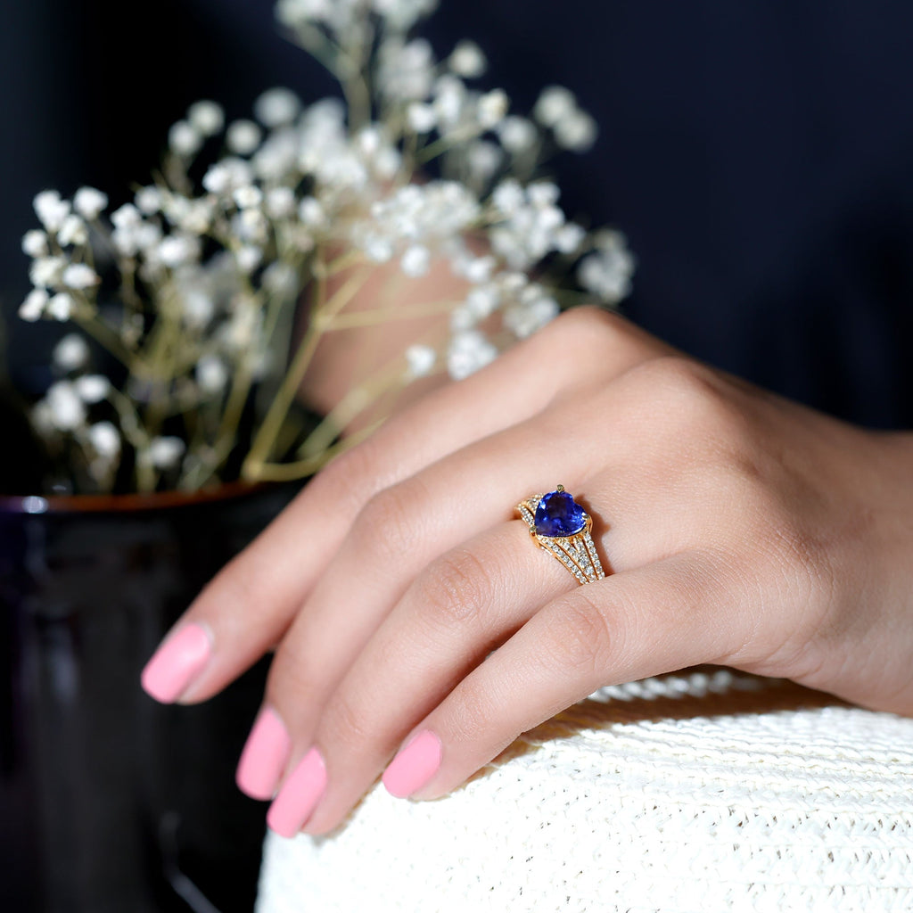 Lab Grown Blue Sapphire Ring, Heart Shape Diamond Split Shank