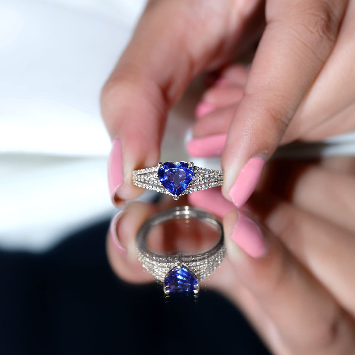 Lab Grown Blue Sapphire Ring, Heart Shape Diamond Split Shank
