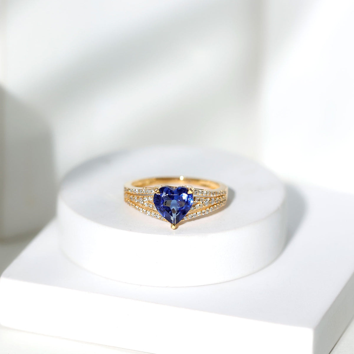 Lab Grown Blue Sapphire Ring, Heart Shape Diamond Split Shank