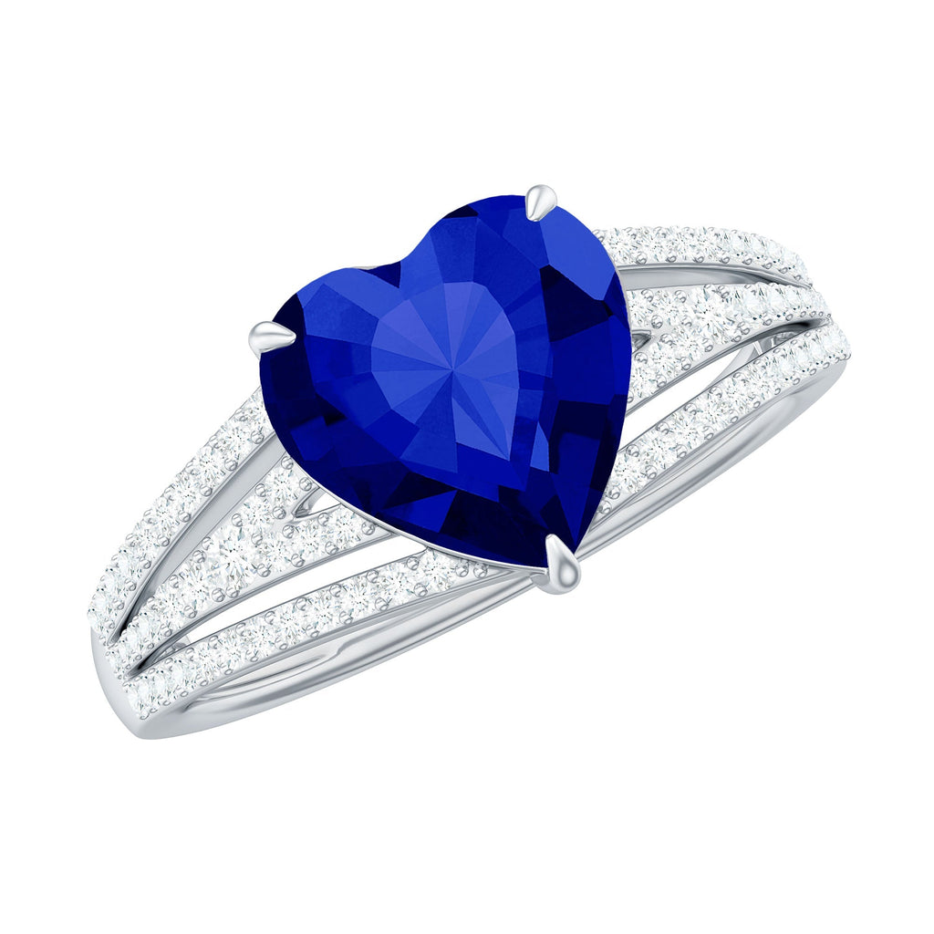 Lab Grown Blue Sapphire Ring, Heart Shape Diamond Split Shank