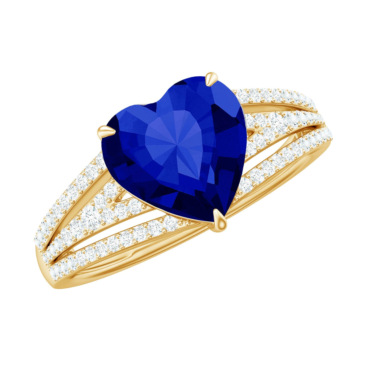 Lab Grown Blue Sapphire Ring, Heart Shape Diamond Split Shank