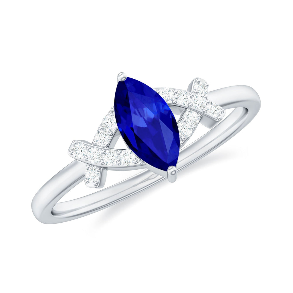 Lab Grown Blue Sapphire Ring, Marquise Diamond Engagement Ring