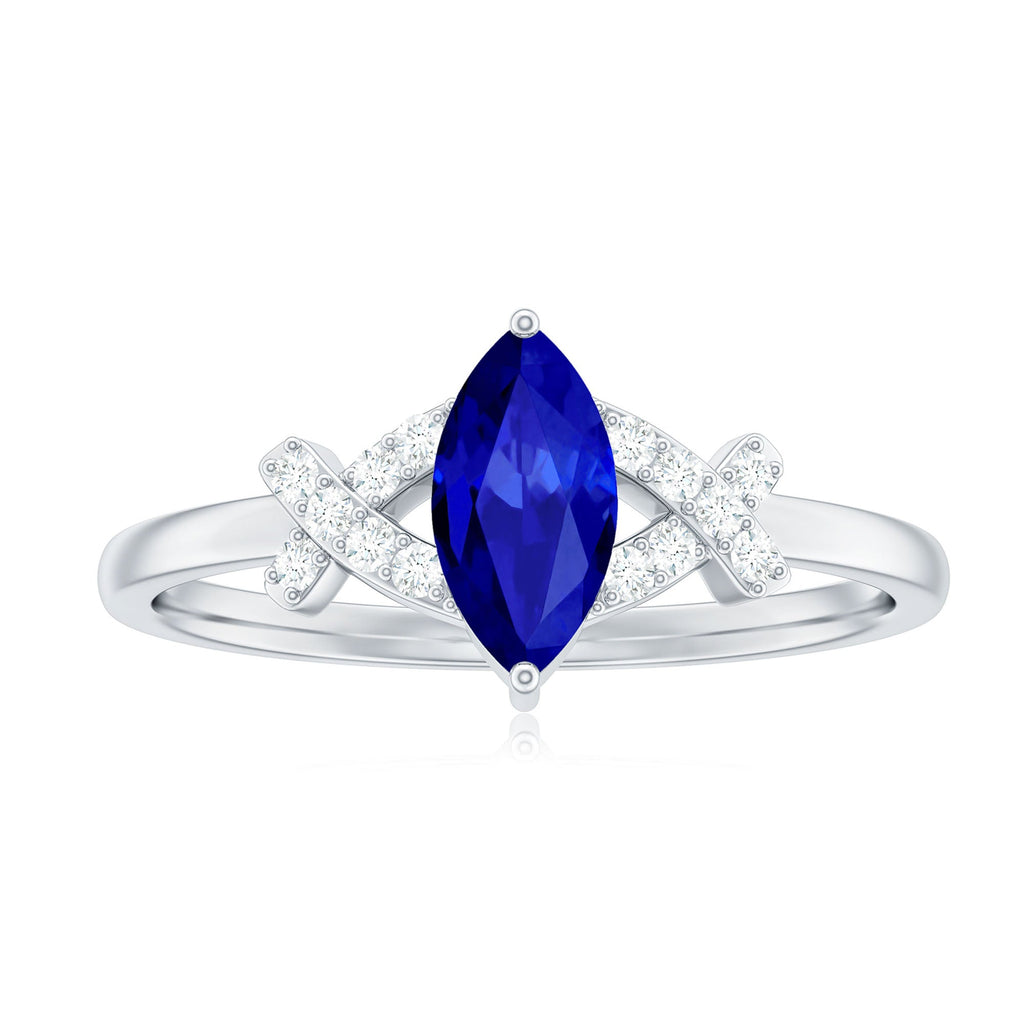 Lab Grown Blue Sapphire Ring, Marquise Diamond Engagement Ring