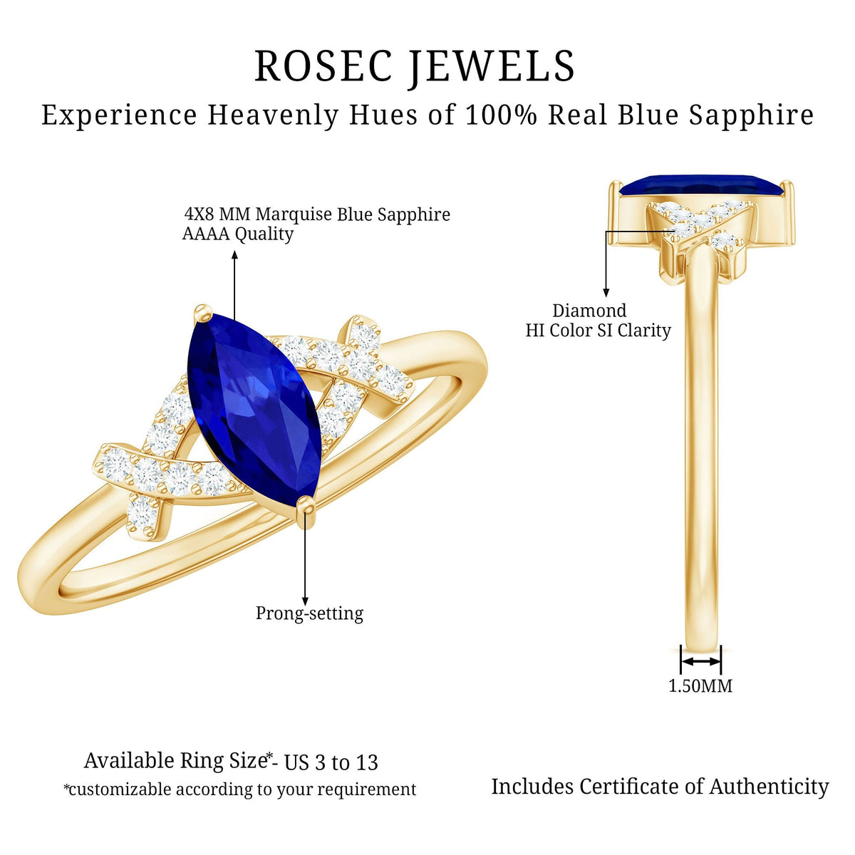 Lab Grown Blue Sapphire Ring, Marquise Diamond Engagement Ring
